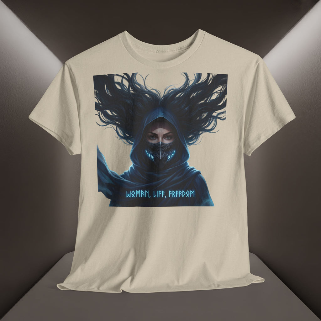 "Woman. Life. Freedom." Unique T-shirt, Unisex. Back: Good Thoughts, Good Words, Good Deeds