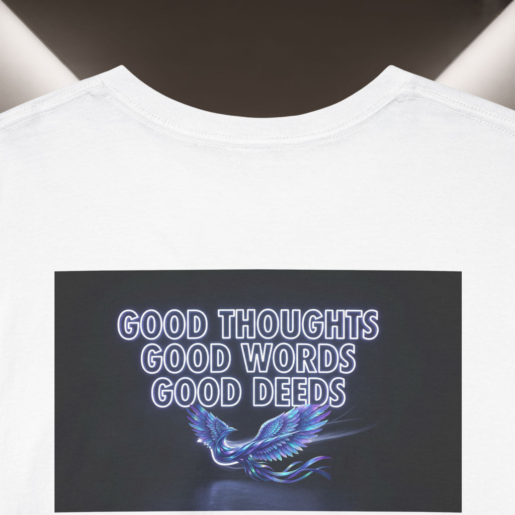 "Woman. Life. Freedom." Unique T-shirt, Unisex. Back: Good Thoughts, Good Words, Good Deeds