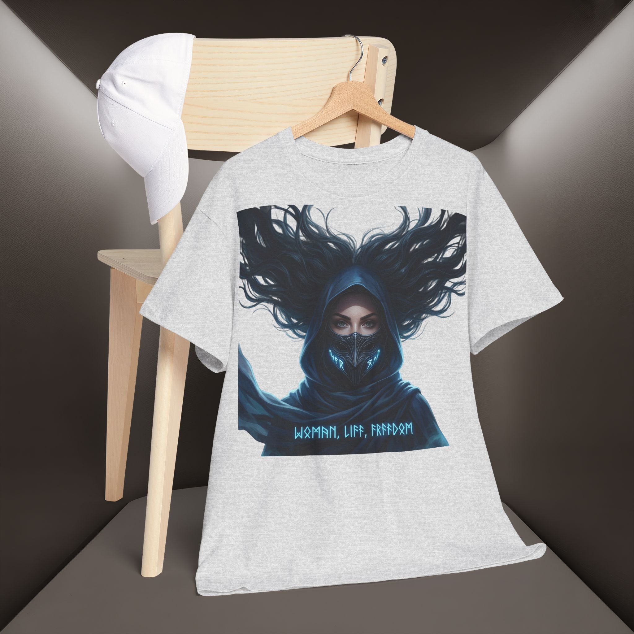 "Woman. Life. Freedom." Unique T-shirt, Unisex. Back: Good Thoughts, Good Words, Good Deeds