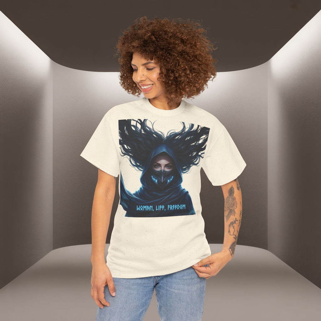 "Woman. Life. Freedom." Unique T-shirt, Unisex. Back: Good Thoughts, Good Words, Good Deeds