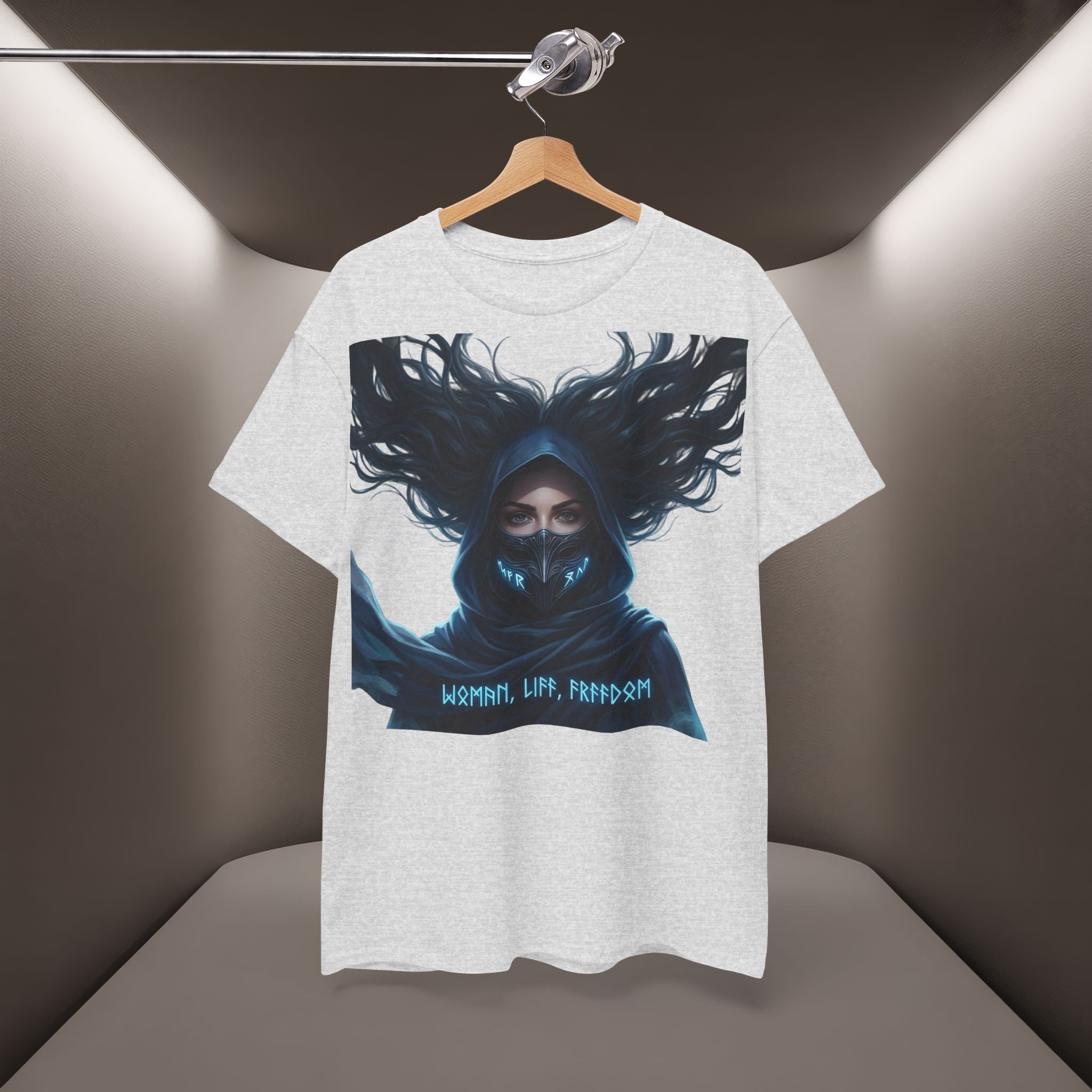 "Woman. Life. Freedom." Unique T-shirt, Unisex. Back: Good Thoughts, Good Words, Good Deeds