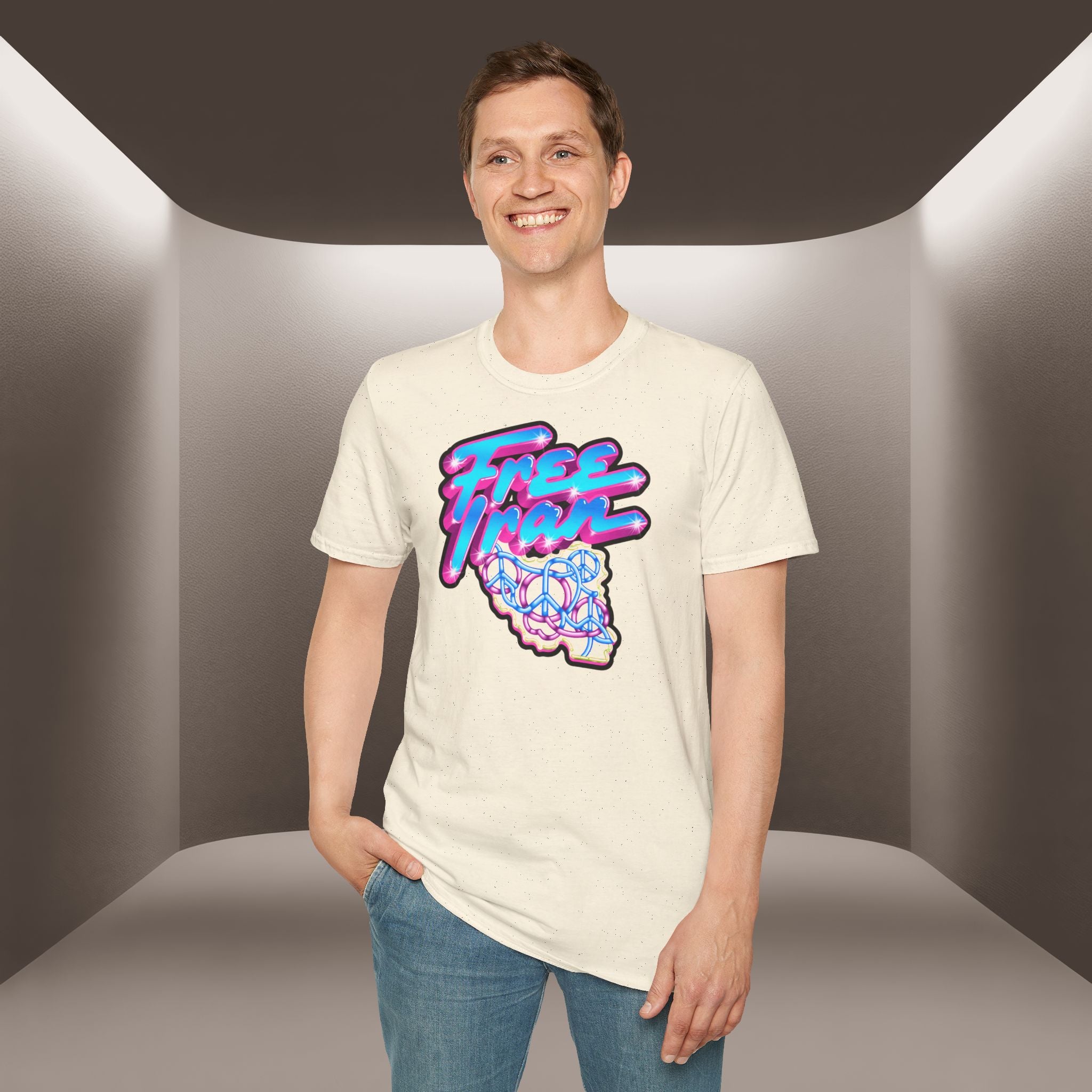 Free Flow California T-Shirt — Retro Neon Peace Sign Graphic