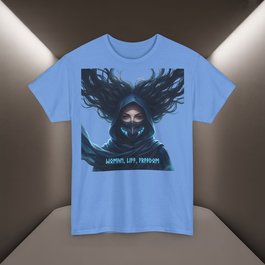 "Woman. Life. Freedom." Unique T-shirt, Unisex. Back: Good Thoughts, Good Words, Good Deeds