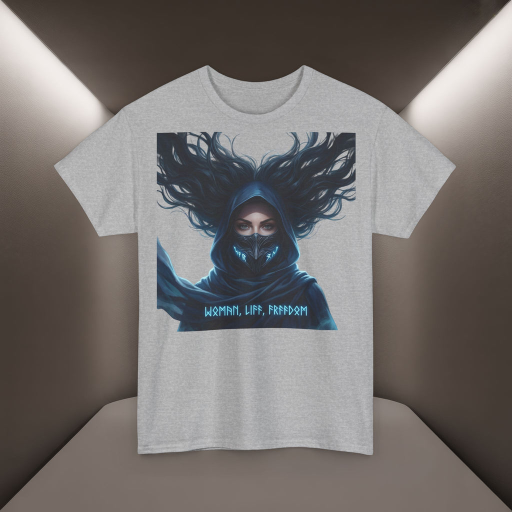 "Woman. Life. Freedom." Unique T-shirt, Unisex. Back: Good Thoughts, Good Words, Good Deeds