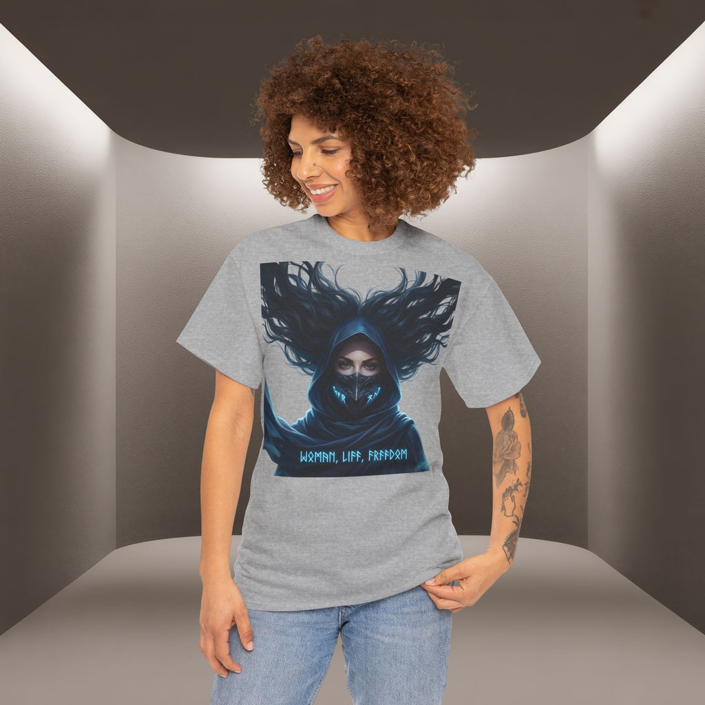 "Woman. Life. Freedom." Unique T-shirt, Unisex. Back: Good Thoughts, Good Words, Good Deeds