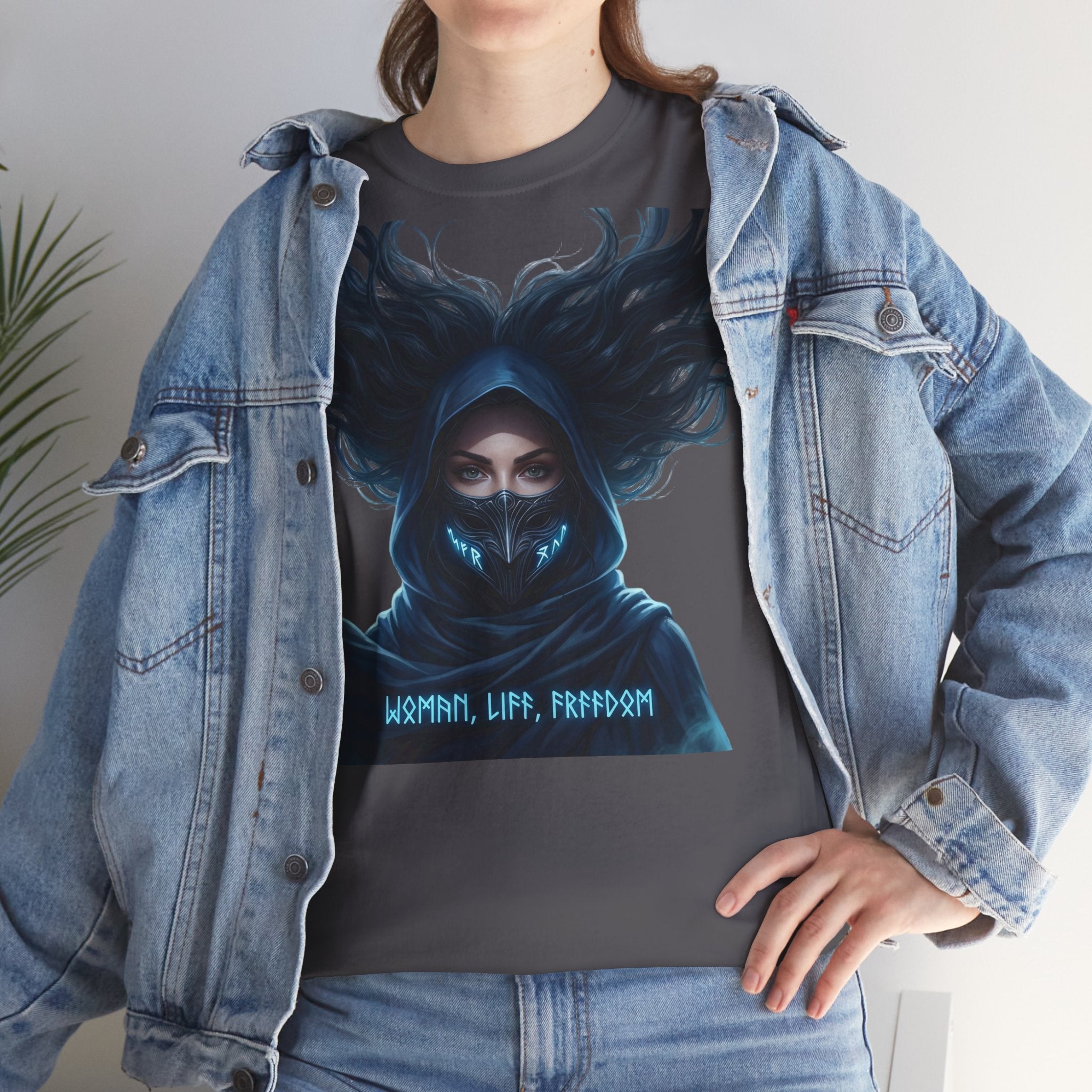 "Woman. Life. Freedom." Unique T-shirt, Unisex. Back: Good Thoughts, Good Words, Good Deeds