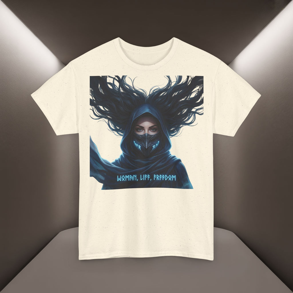 "Woman. Life. Freedom." Unique T-shirt, Unisex. Back: Good Thoughts, Good Words, Good Deeds