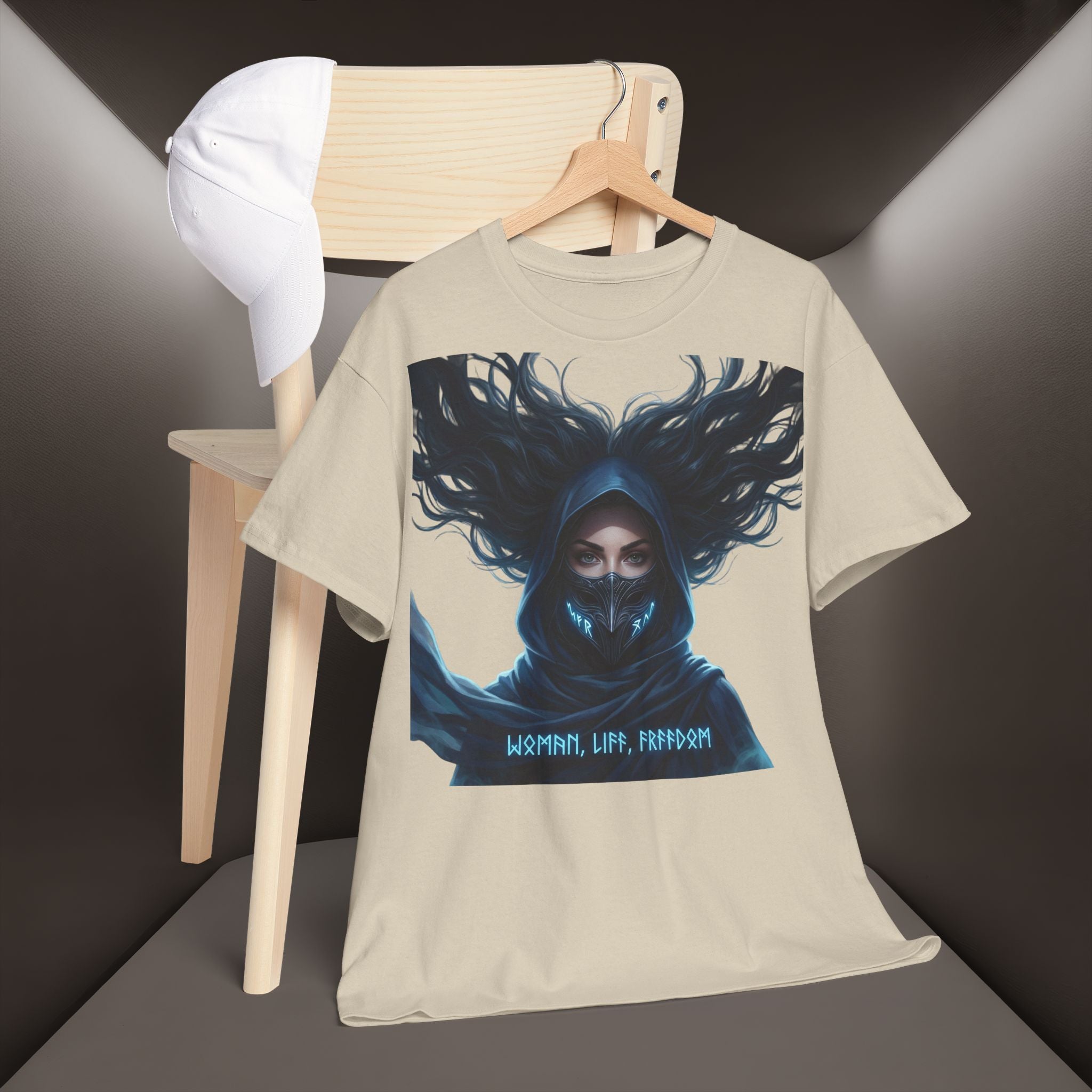 "Woman. Life. Freedom." Unique T-shirt, Unisex. Back: Good Thoughts, Good Words, Good Deeds