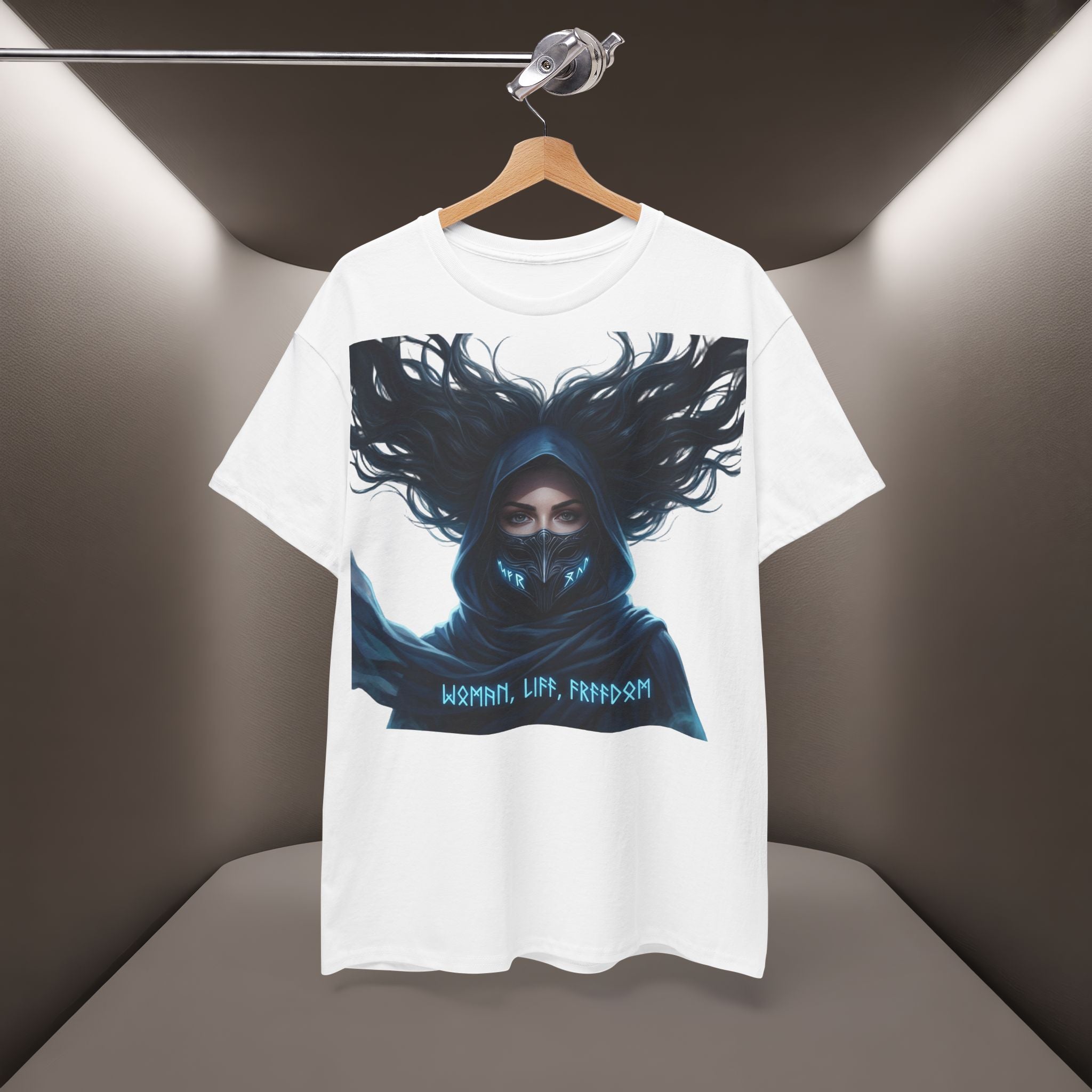 "Woman. Life. Freedom." Unique T-shirt, Unisex. Back: Good Thoughts, Good Words, Good Deeds