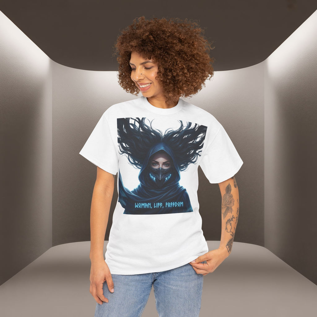 "Woman. Life. Freedom." Unique T-shirt, Unisex. Back: Good Thoughts, Good Words, Good Deeds