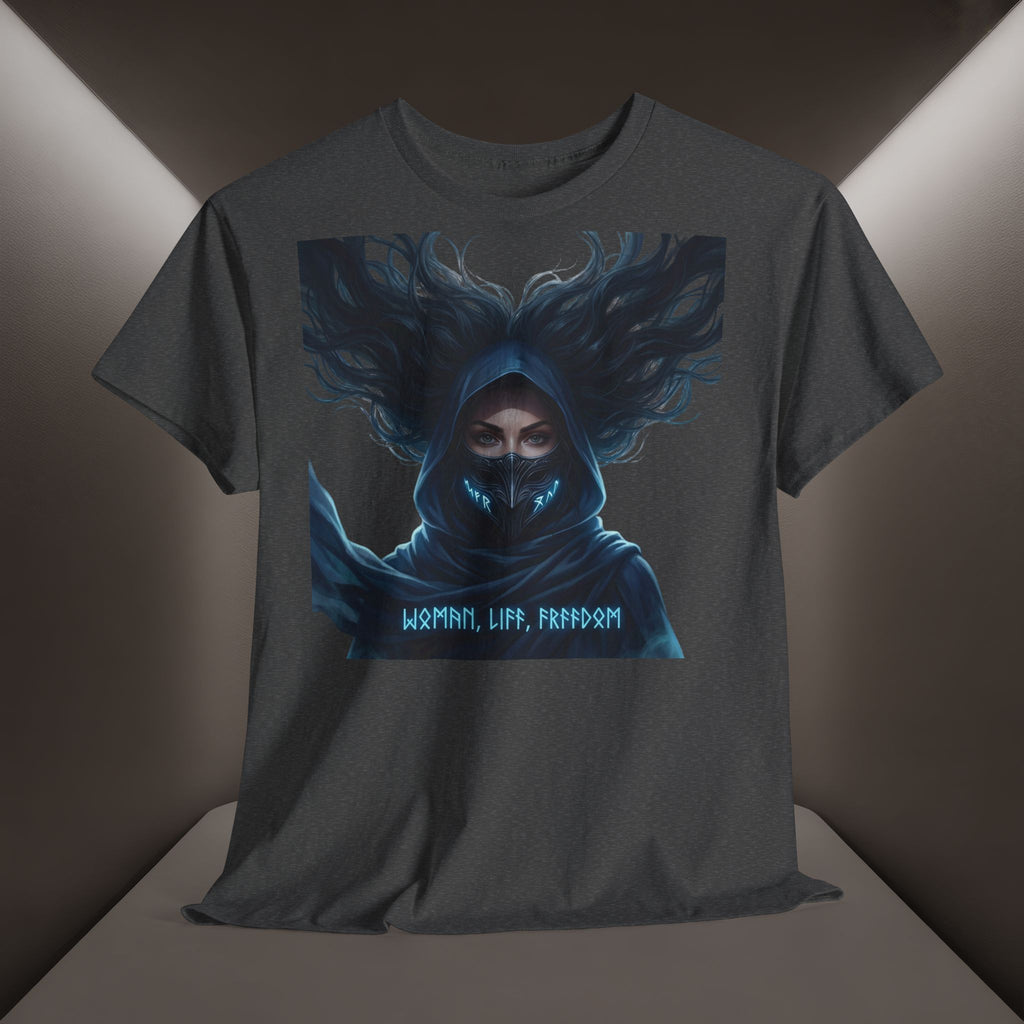 "Woman. Life. Freedom." Unique T-shirt, Unisex. Back: Good Thoughts, Good Words, Good Deeds