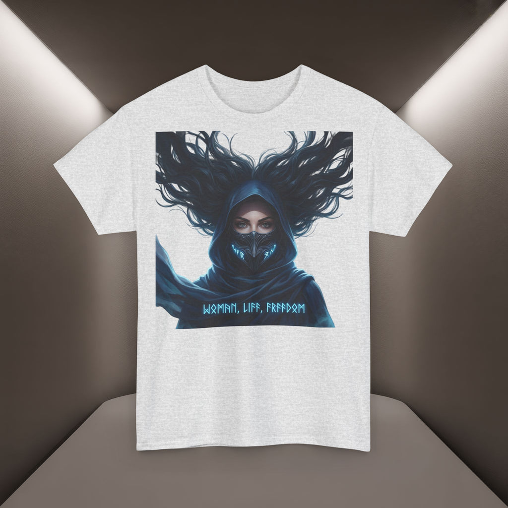 "Woman. Life. Freedom." Unique T-shirt, Unisex. Back: Good Thoughts, Good Words, Good Deeds