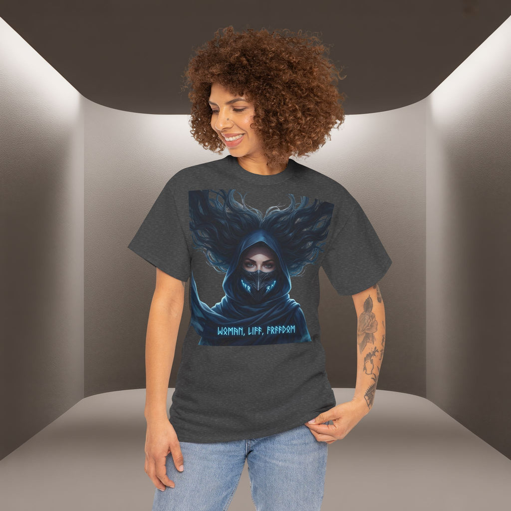 "Woman. Life. Freedom." Unique T-shirt, Unisex. Back: Good Thoughts, Good Words, Good Deeds
