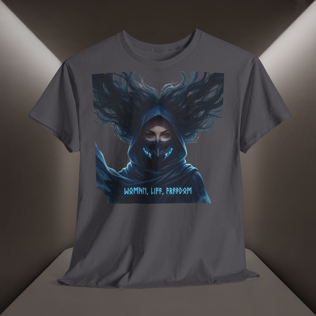 "Woman. Life. Freedom." Unique T-shirt, Unisex. Back: Good Thoughts, Good Words, Good Deeds