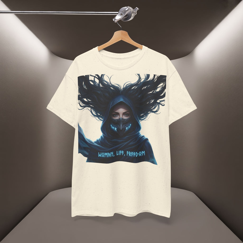 "Woman. Life. Freedom." Unique T-shirt, Unisex. Back: Good Thoughts, Good Words, Good Deeds
