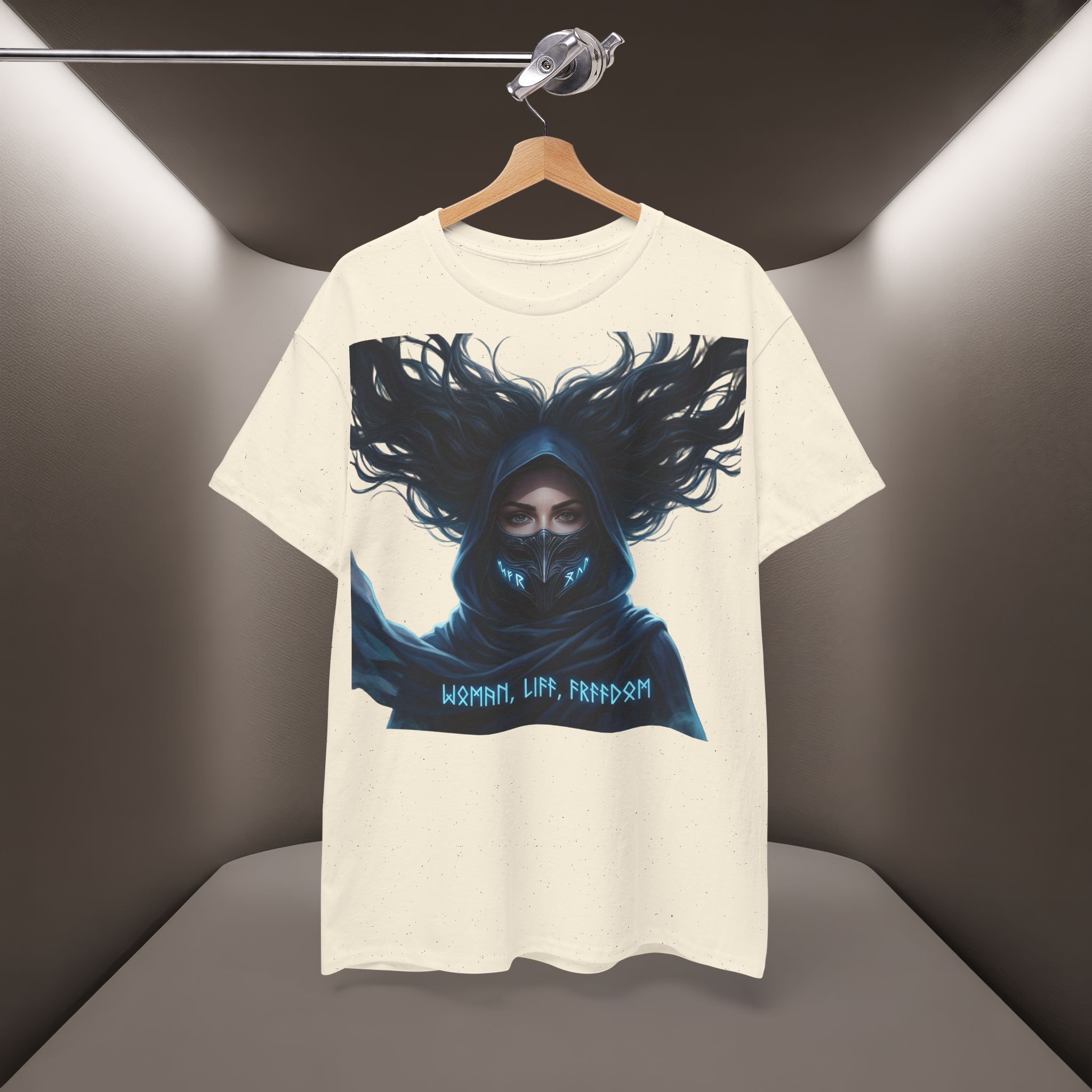 "Woman. Life. Freedom." Unique T-shirt, Unisex. Back: Good Thoughts, Good Words, Good Deeds