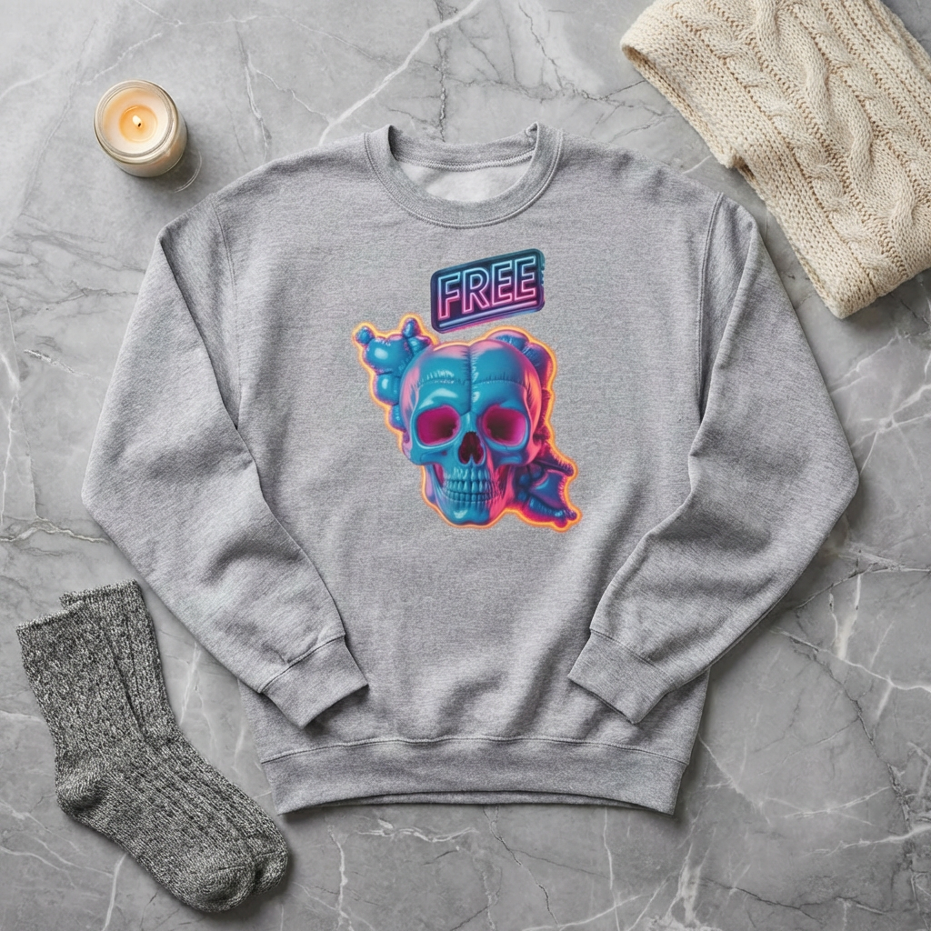 Neon Skull, shape of Iran's Map with 'FREE' sign Sweatshirt- Uniaex, Premium Quality