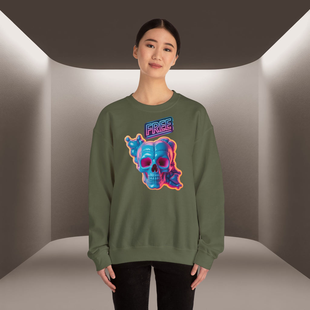 Neon Skull, shape of Iran's Map with 'FREE' sign Sweatshirt- Uniaex, Premium Quality