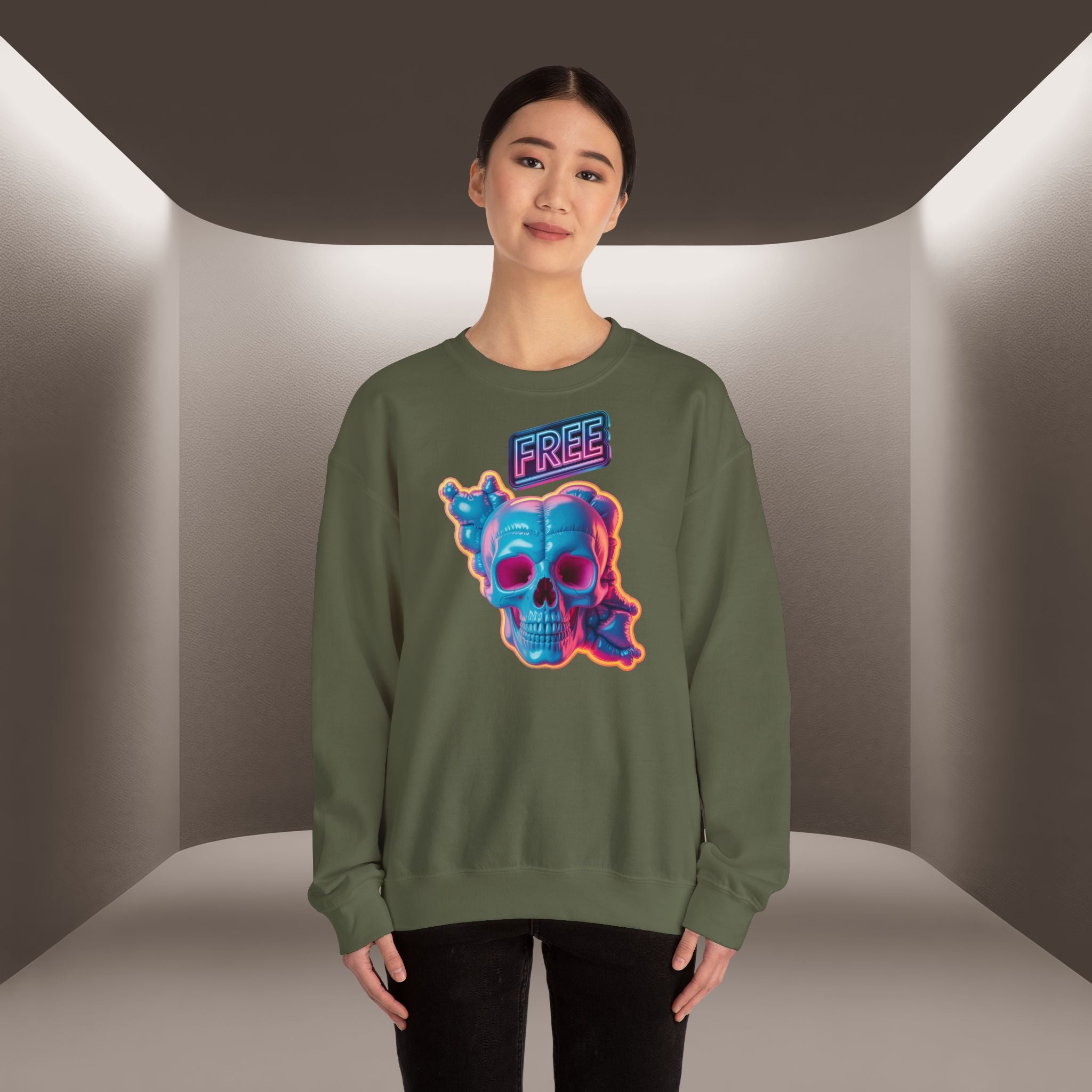 Neon Skull, shape of Iran's Map with 'FREE' sign Sweatshirt- Uniaex, Premium Quality
