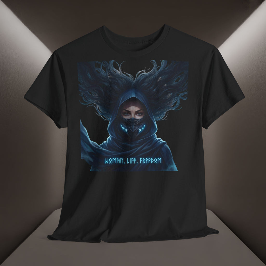 "Woman. Life. Freedom." Unique T-shirt, Unisex. Back: Good Thoughts, Good Words, Good Deeds