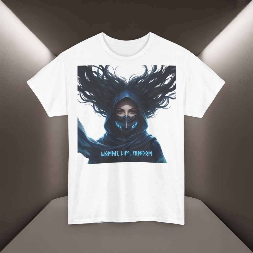 "Woman. Life. Freedom." Unique T-shirt, Unisex. Back: Good Thoughts, Good Words, Good Deeds