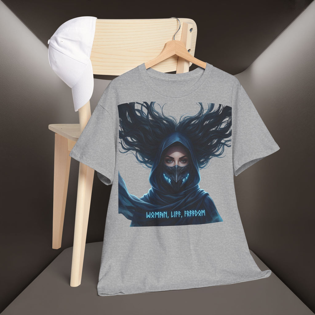 "Woman. Life. Freedom." Unique T-shirt, Unisex. Back: Good Thoughts, Good Words, Good Deeds