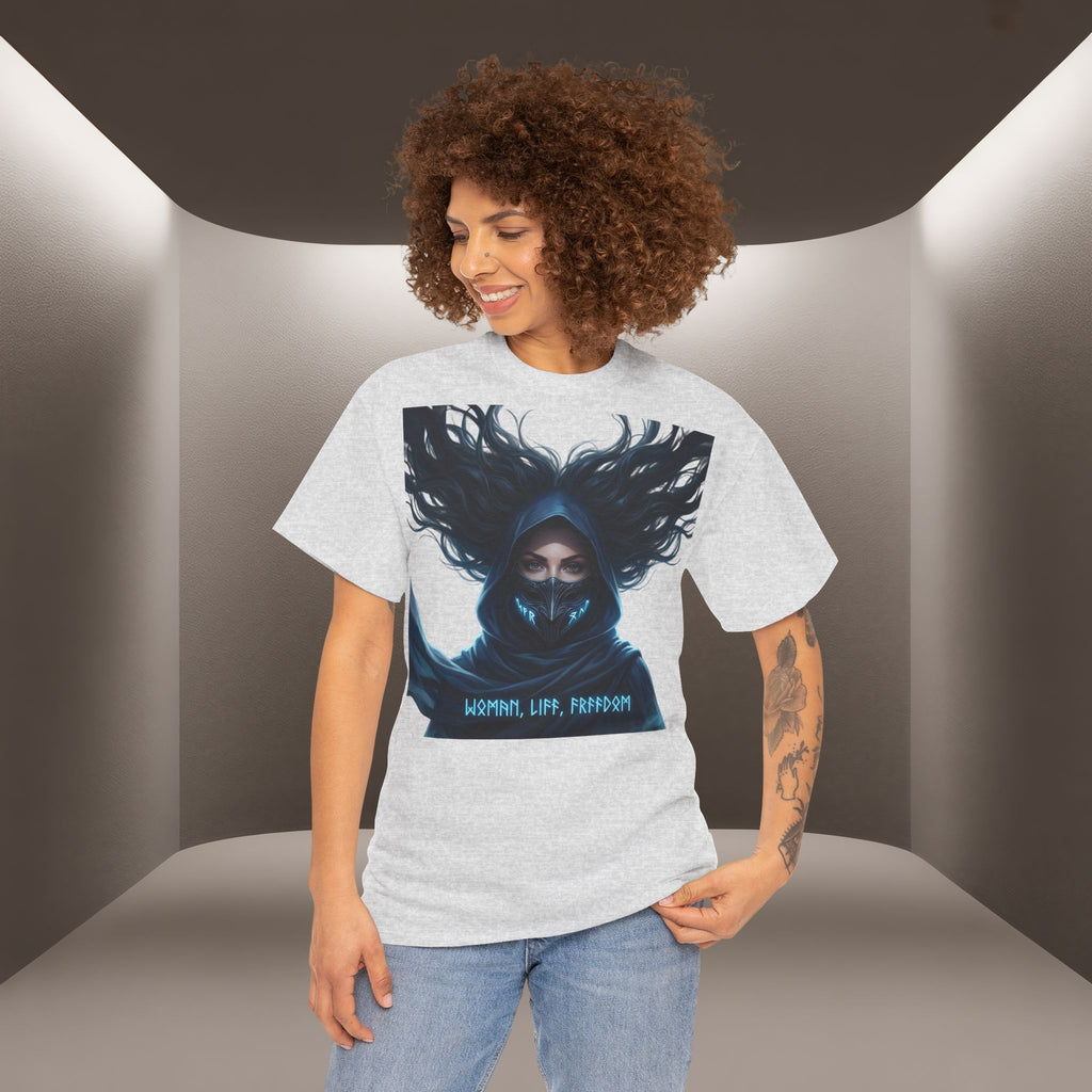 "Woman. Life. Freedom." Unique T-shirt, Unisex. Back: Good Thoughts, Good Words, Good Deeds