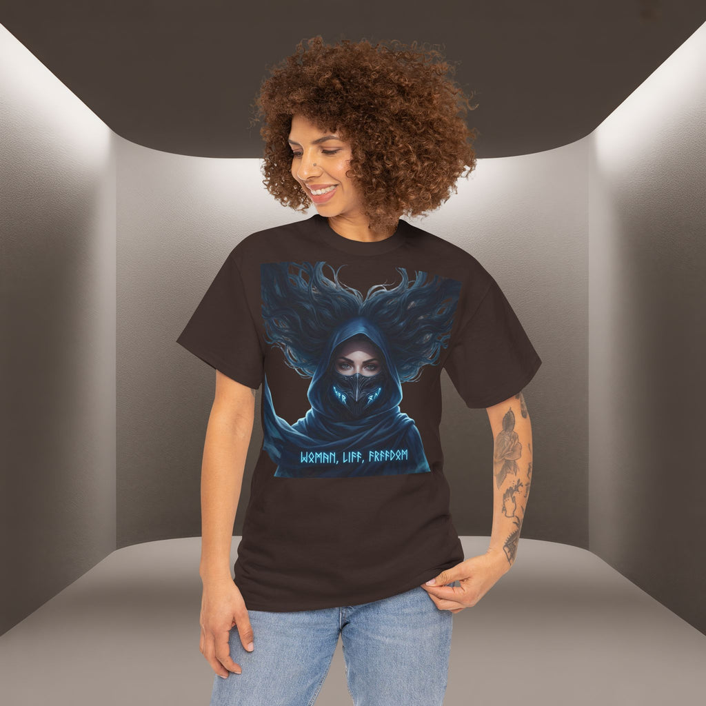 "Woman. Life. Freedom." Unique T-shirt, Unisex. Back: Good Thoughts, Good Words, Good Deeds