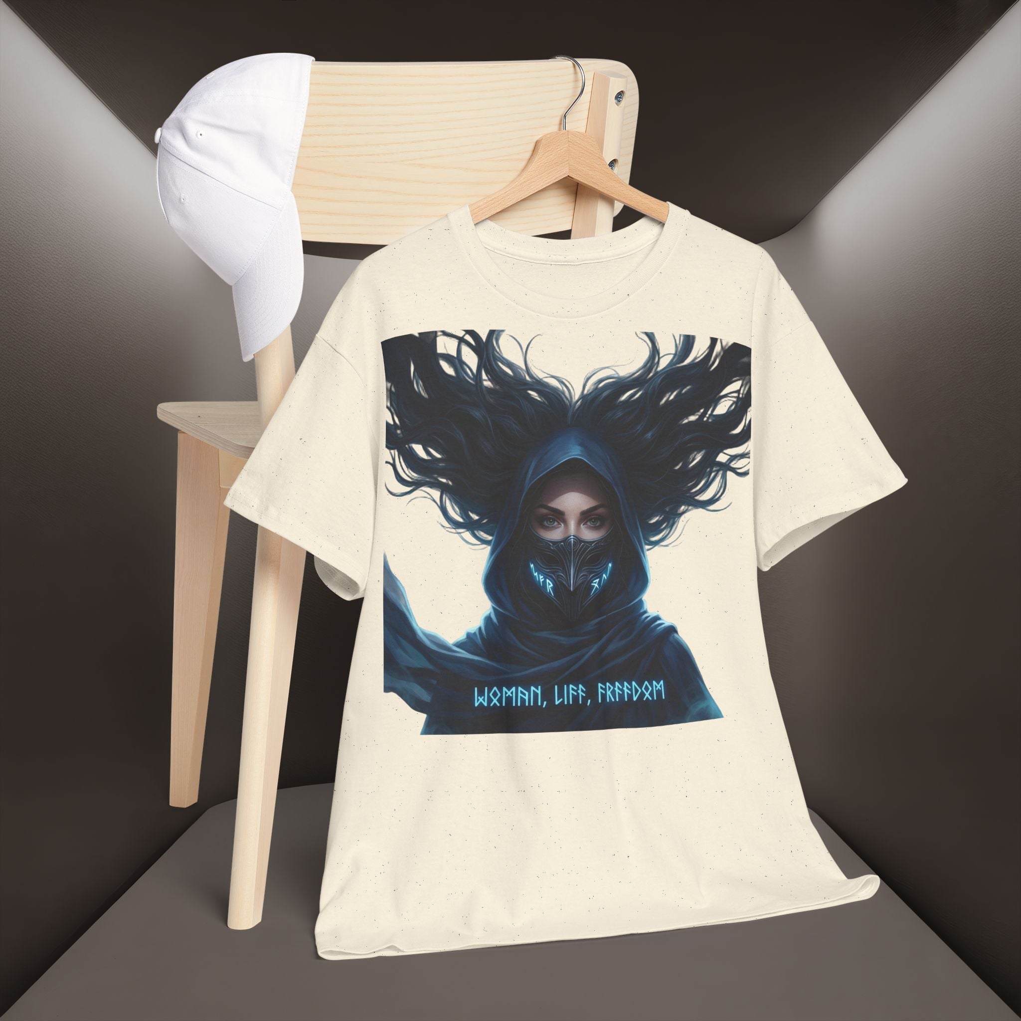 "Woman. Life. Freedom." Unique T-shirt, Unisex. Back: Good Thoughts, Good Words, Good Deeds