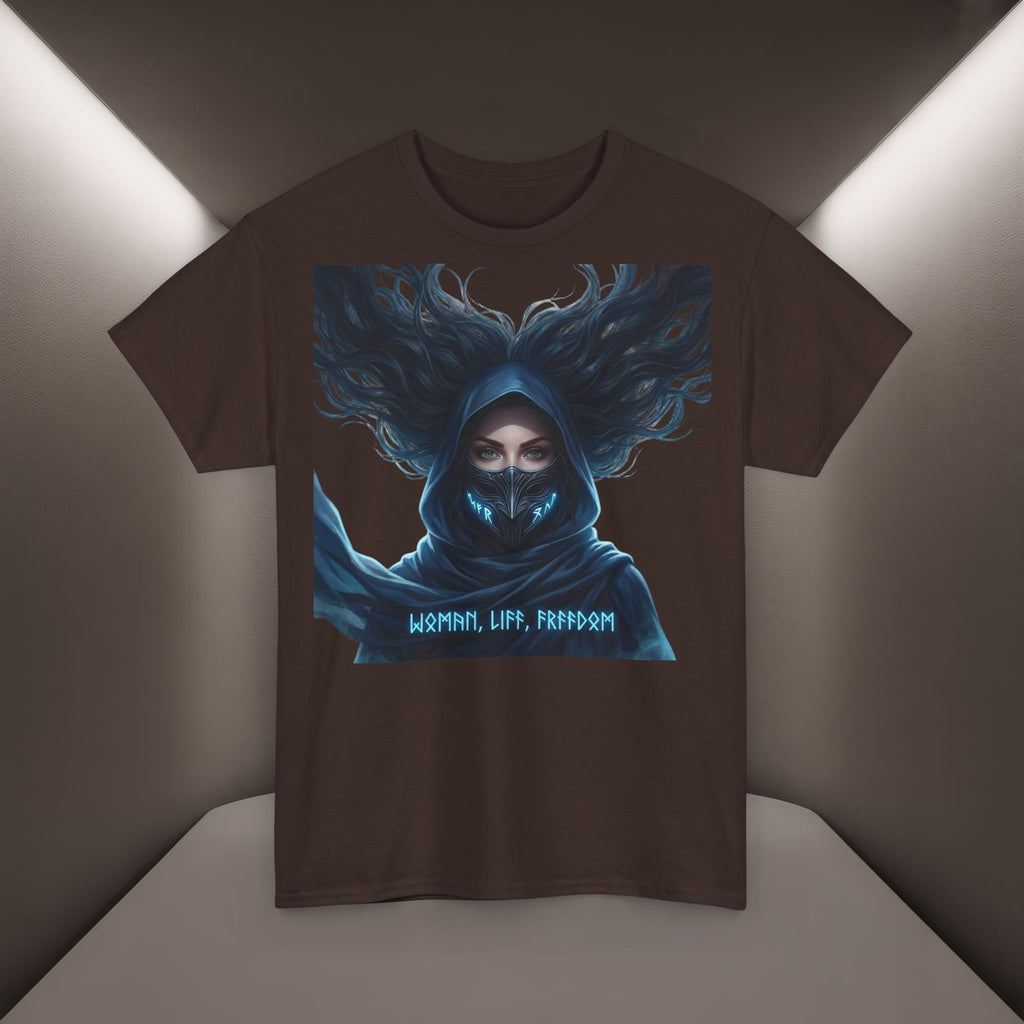 "Woman. Life. Freedom." Unique T-shirt, Unisex. Back: Good Thoughts, Good Words, Good Deeds