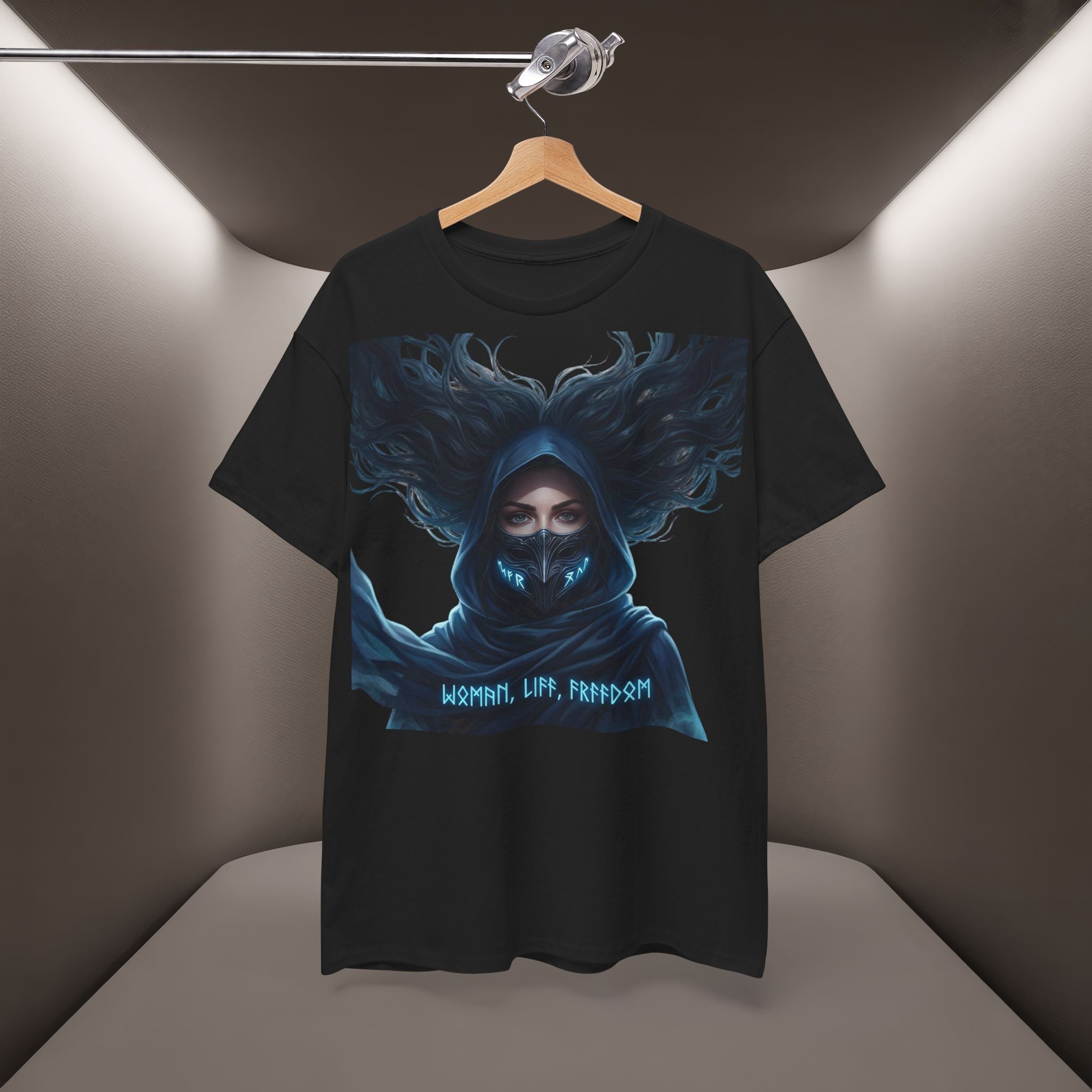 "Woman. Life. Freedom." Unique T-shirt, Unisex. Back: Good Thoughts, Good Words, Good Deeds