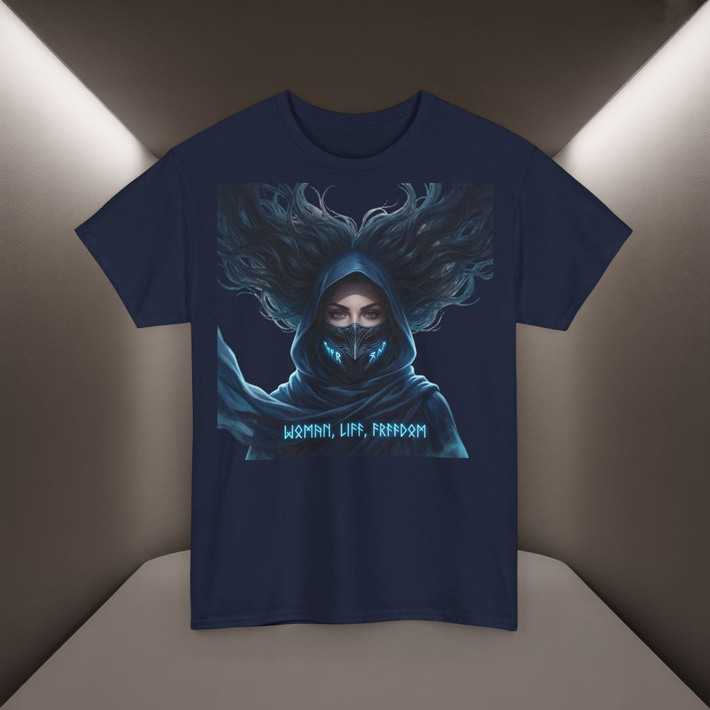 "Woman. Life. Freedom." Unique T-shirt, Unisex. Back: Good Thoughts, Good Words, Good Deeds
