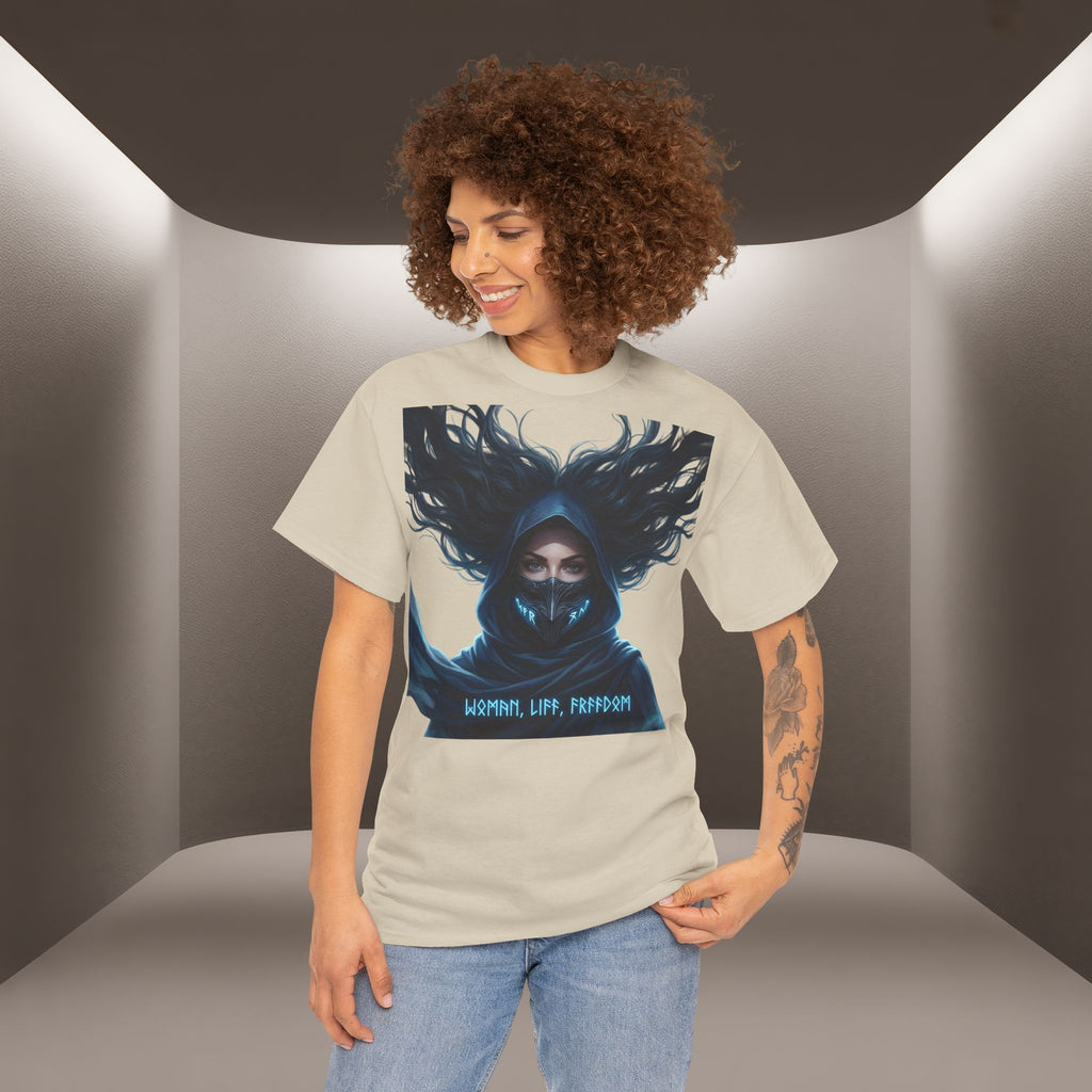"Woman. Life. Freedom." Unique T-shirt, Unisex. Back: Good Thoughts, Good Words, Good Deeds