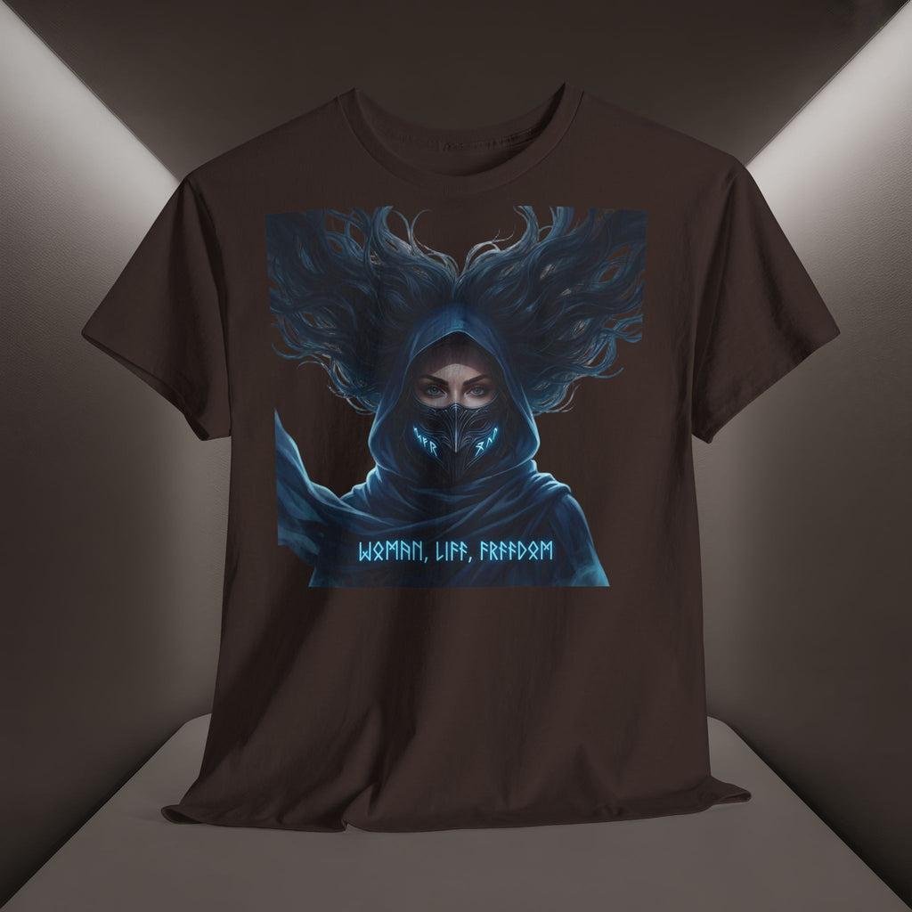 "Woman. Life. Freedom." Unique T-shirt, Unisex. Back: Good Thoughts, Good Words, Good Deeds