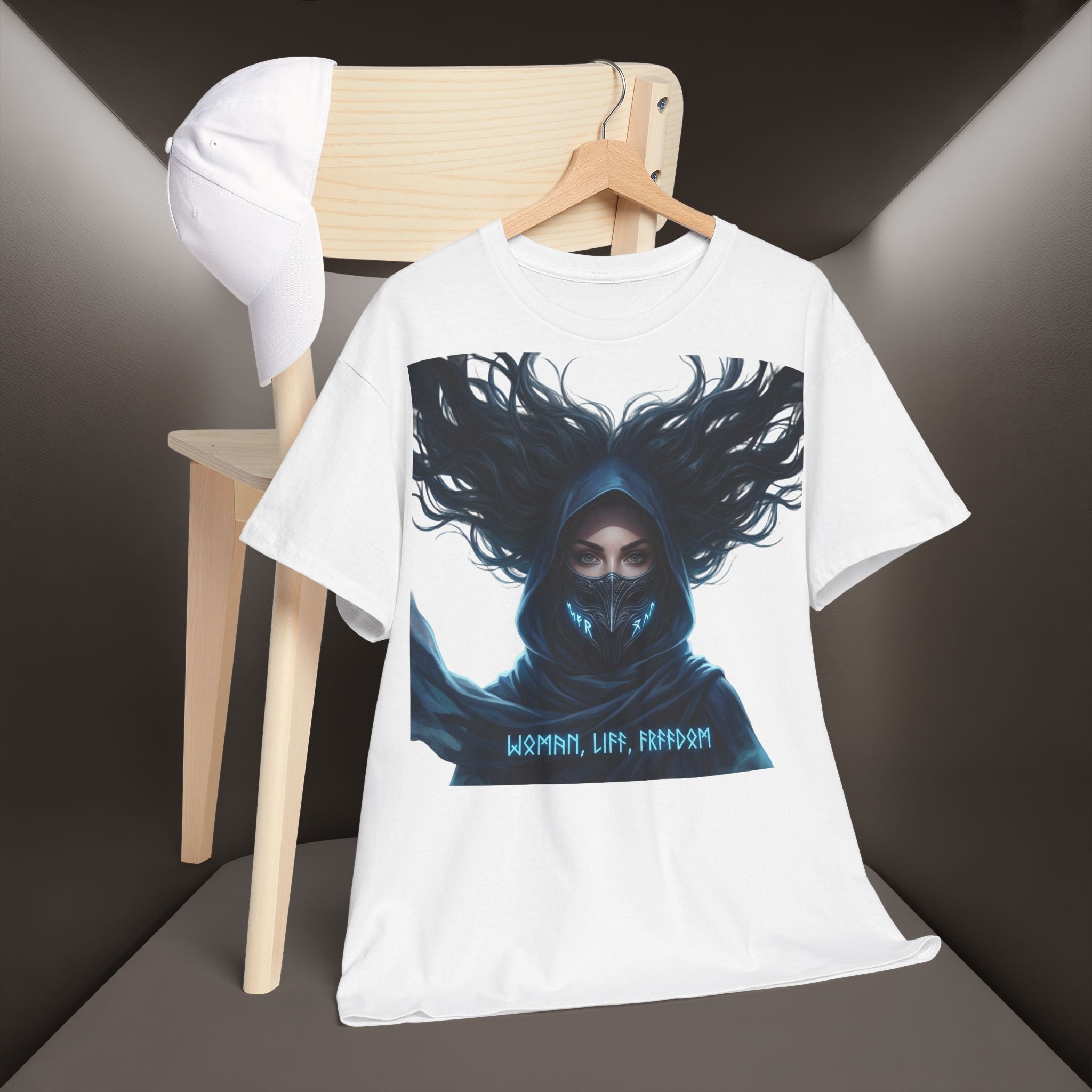 "Woman. Life. Freedom." Unique T-shirt, Unisex. Back: Good Thoughts, Good Words, Good Deeds