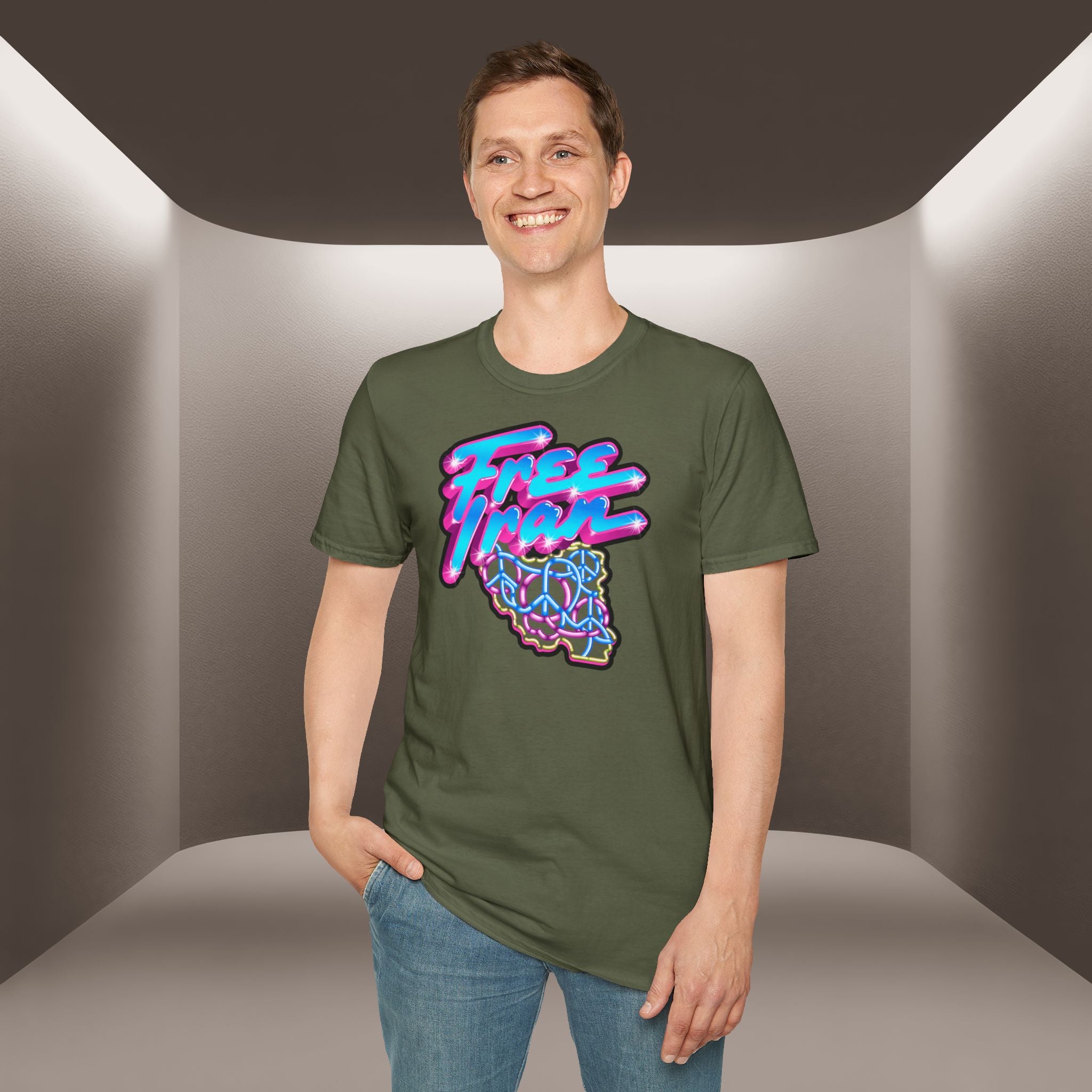 Free Flow California T-Shirt — Retro Neon Peace Sign Graphic