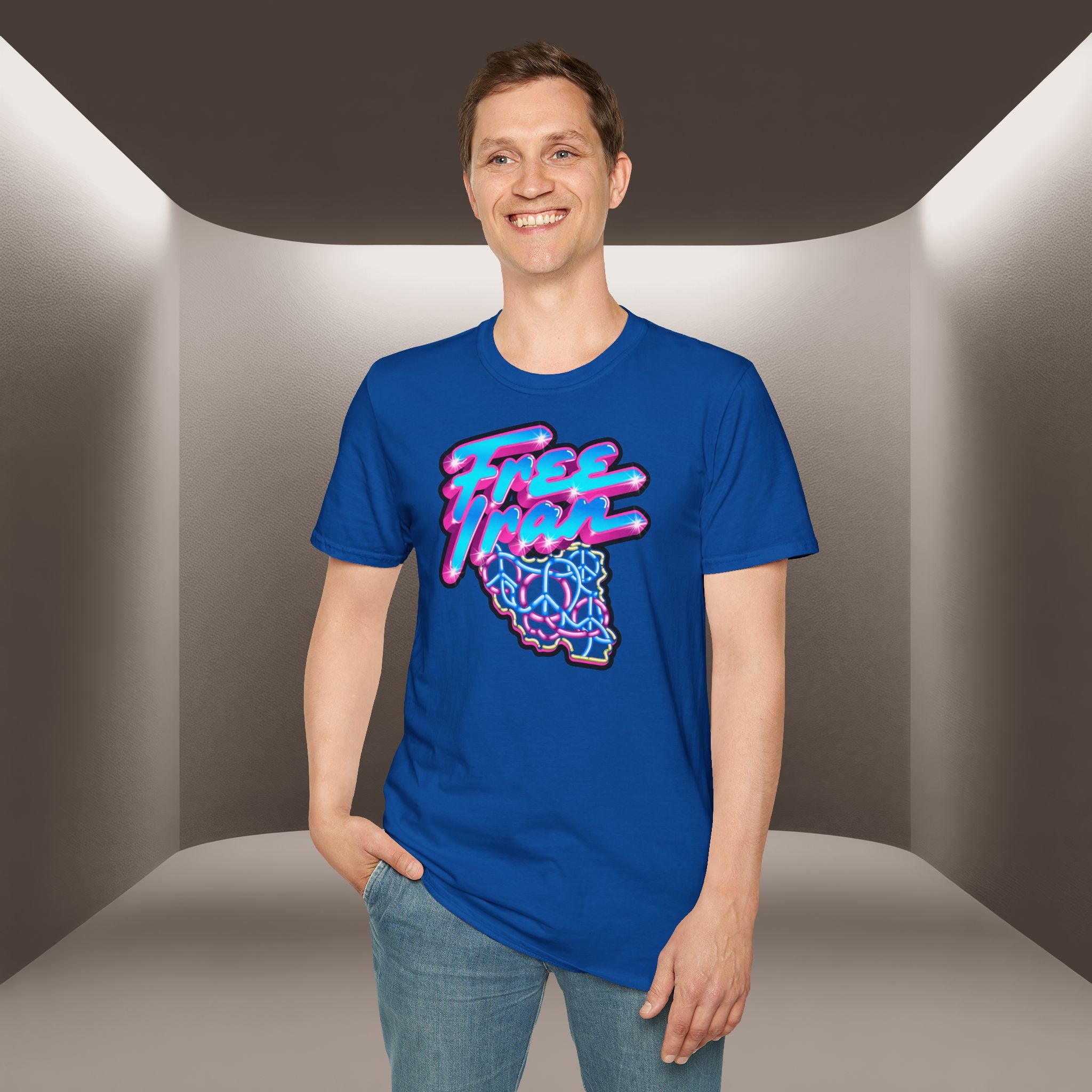 Free Flow California T-Shirt — Retro Neon Peace Sign Graphic