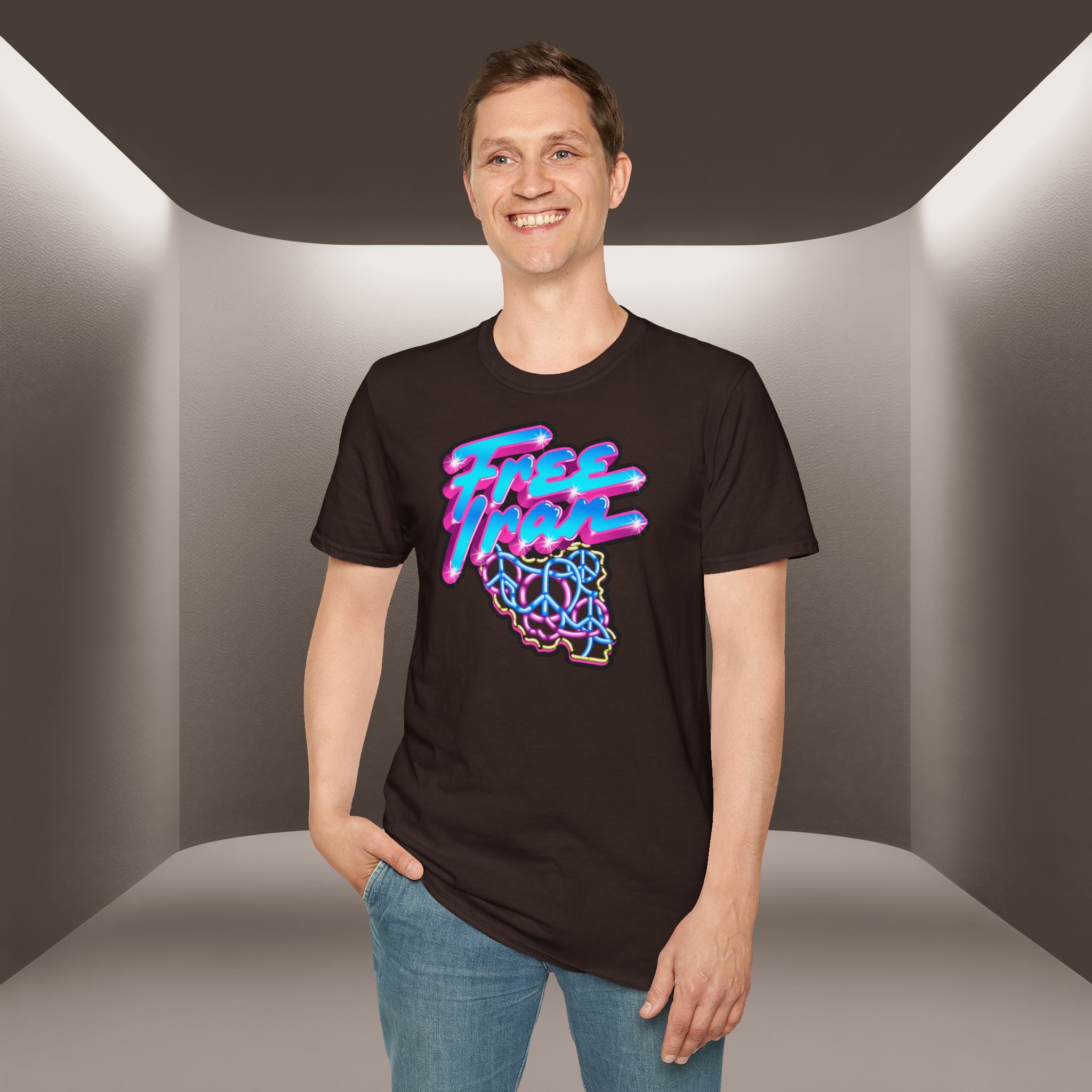 Free Flow California T-Shirt — Retro Neon Peace Sign Graphic