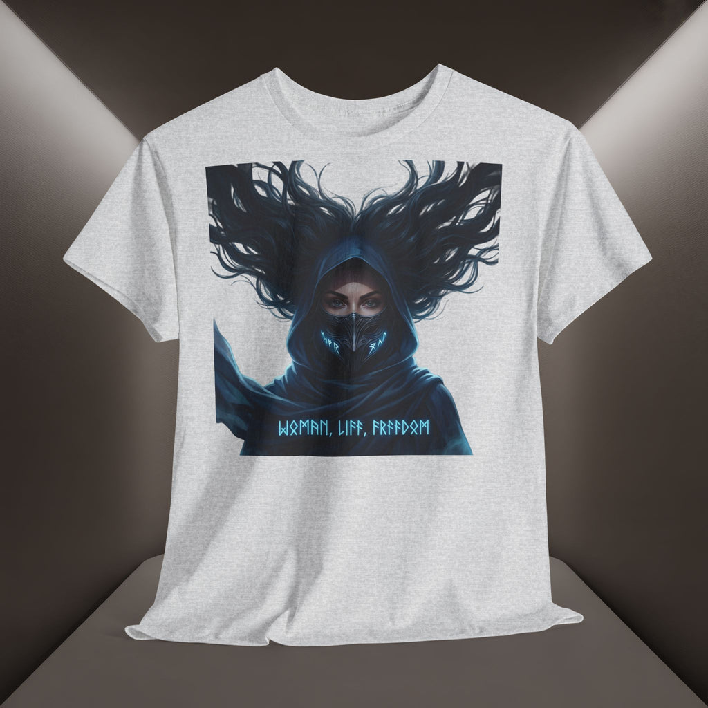 "Woman. Life. Freedom." Unique T-shirt, Unisex. Back: Good Thoughts, Good Words, Good Deeds